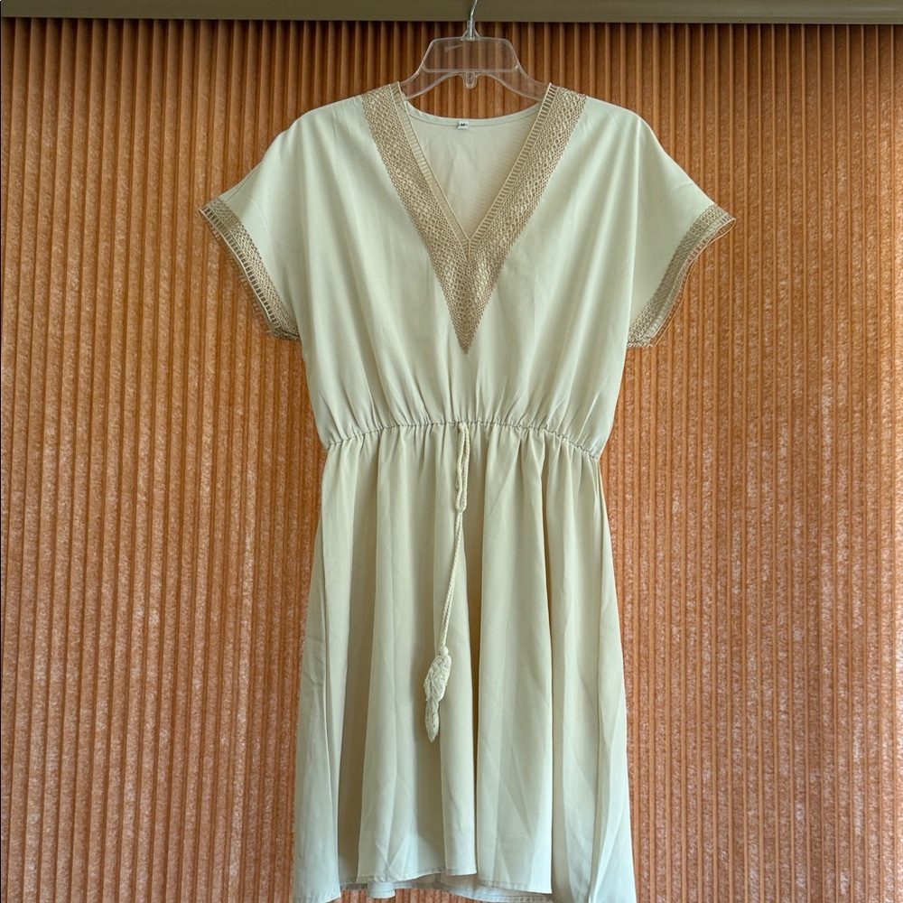Cream V-Neck Dress with Crochet Trim